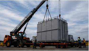 Crane lifting a large industrial equipment unit